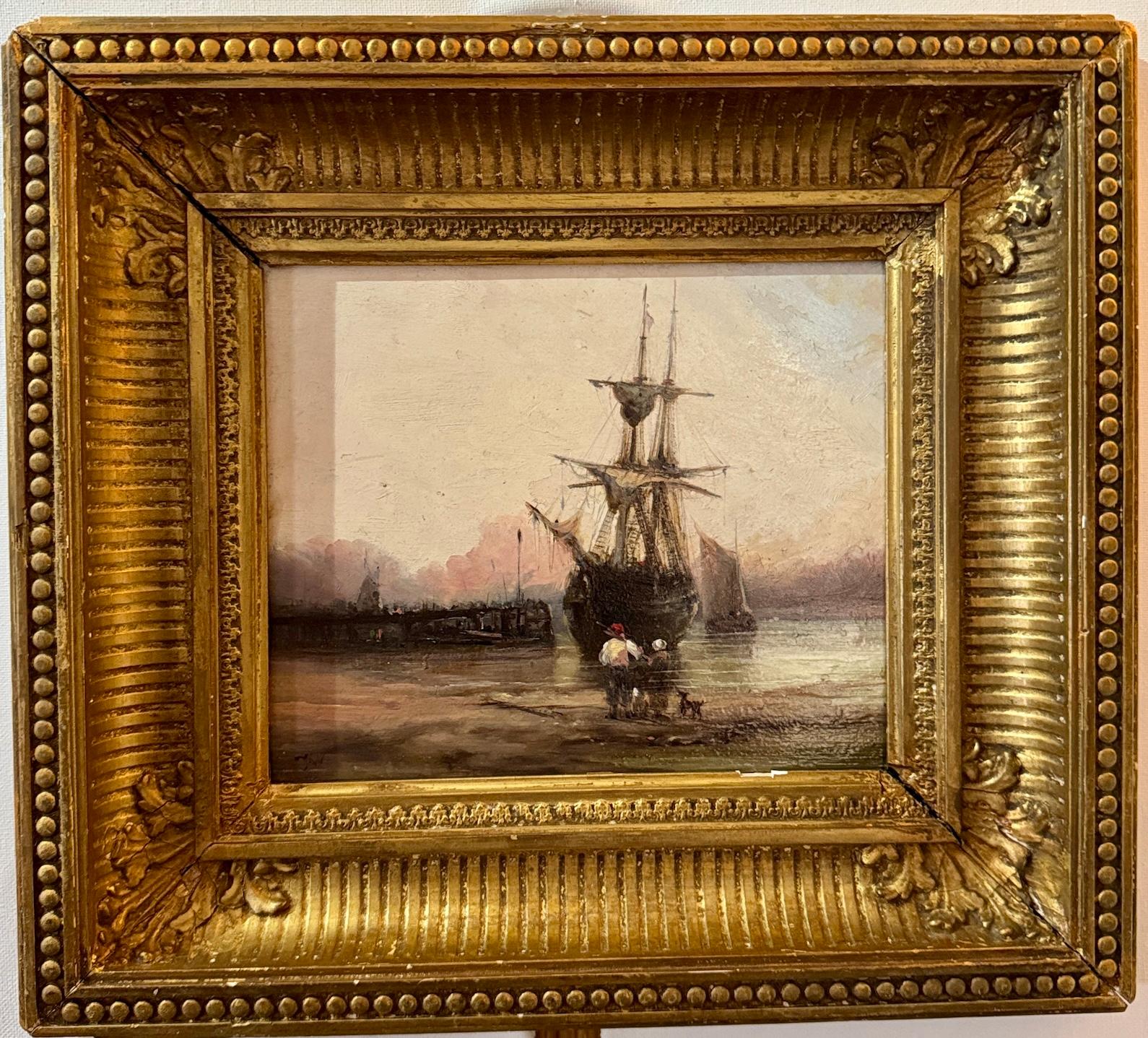 James Webb Figurative Painting - 19th century English fishing boat with the tide out on a shore
