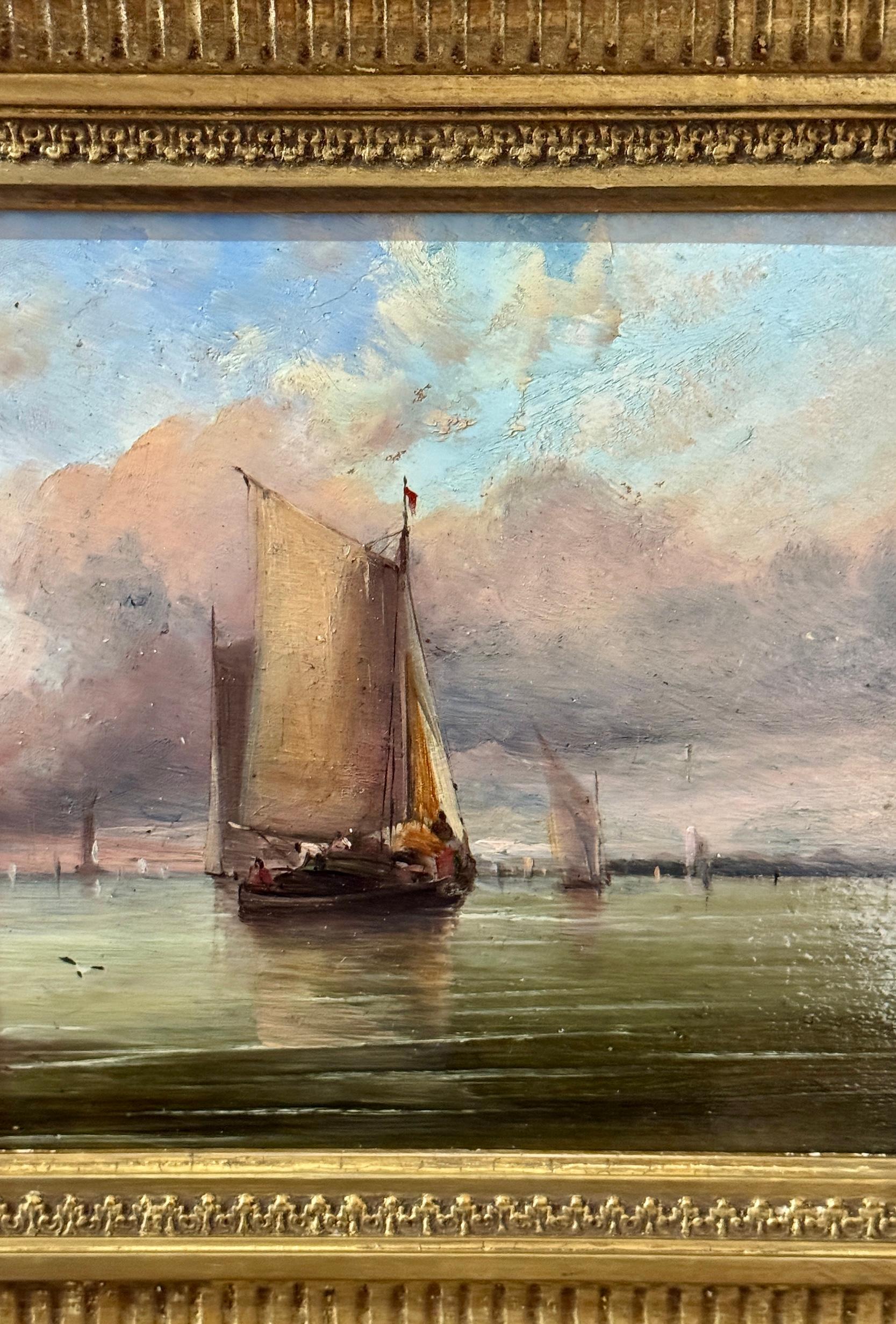 Marina inglese del XIX secolo di barche olandesi o inglesi al largo di una costa - Painting di James Webb