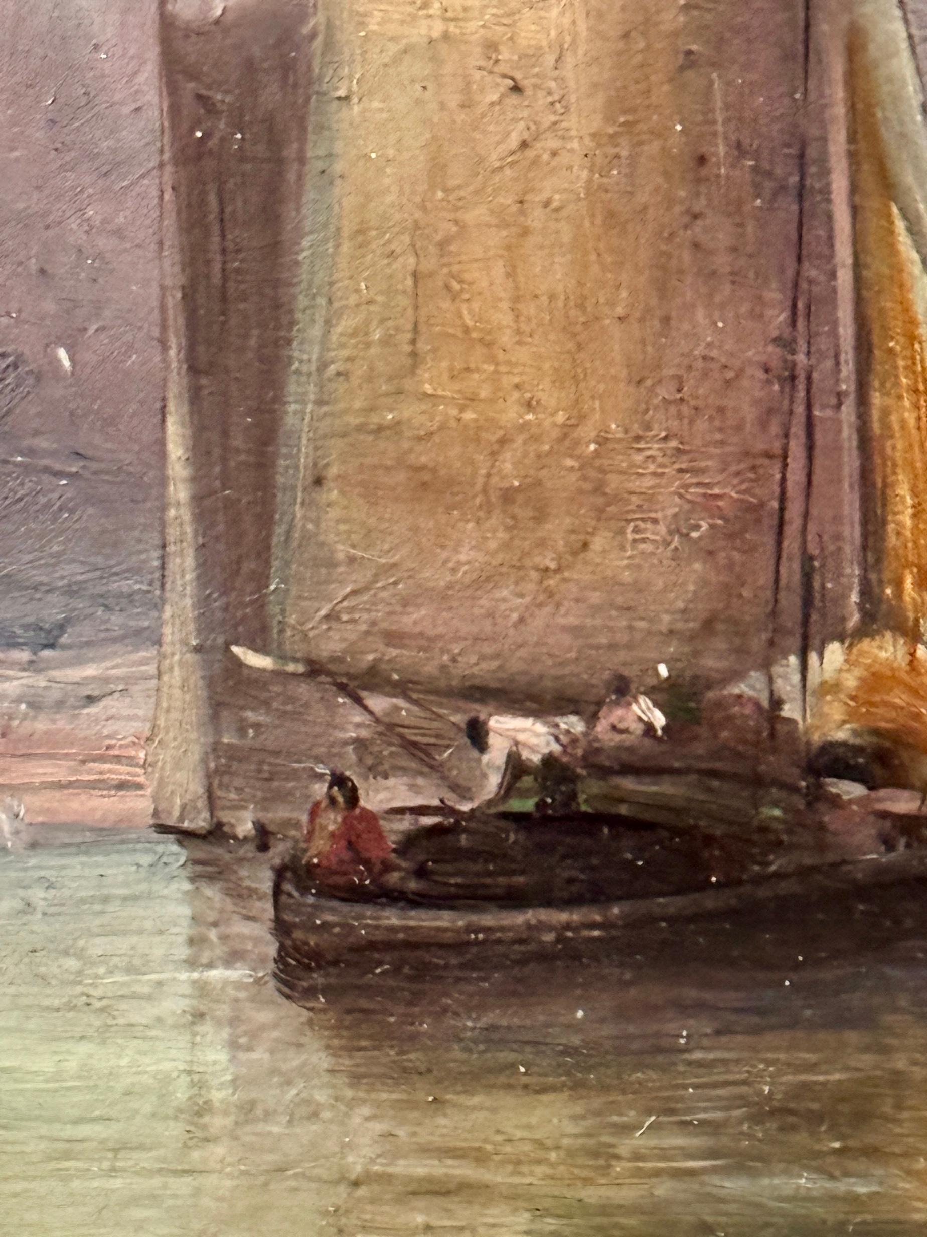 Questo dipinto marino inglese di James Webb, risalente al 1870 circa, è un capolavoro di fascino atmosferico e precisione tecnica, che affascinerebbe profondamente un designer d'interni o un collezionista d'arte. Il suo soggetto, una tranquilla