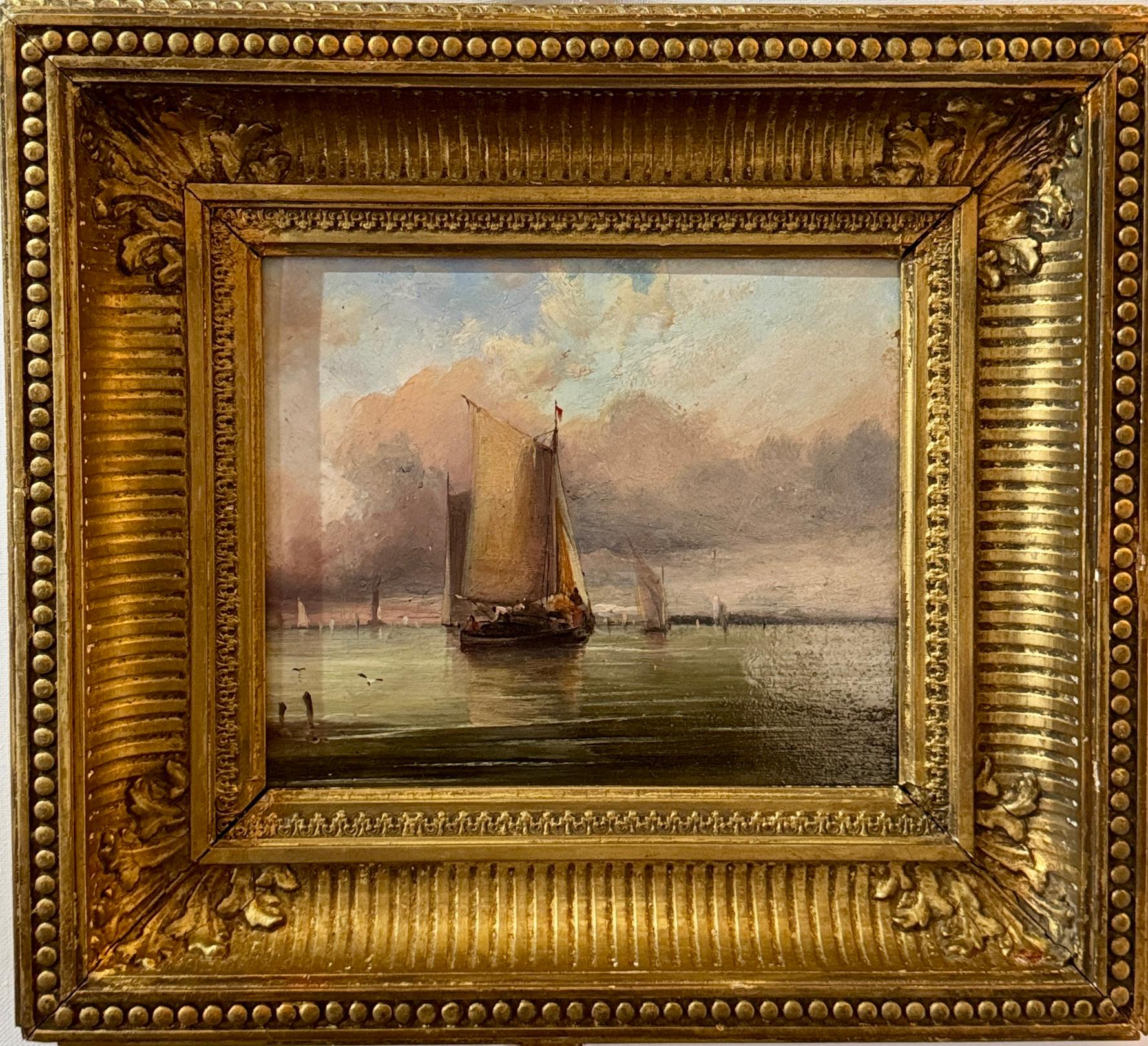 19th century English marine of Dutch or English boats off a coastline