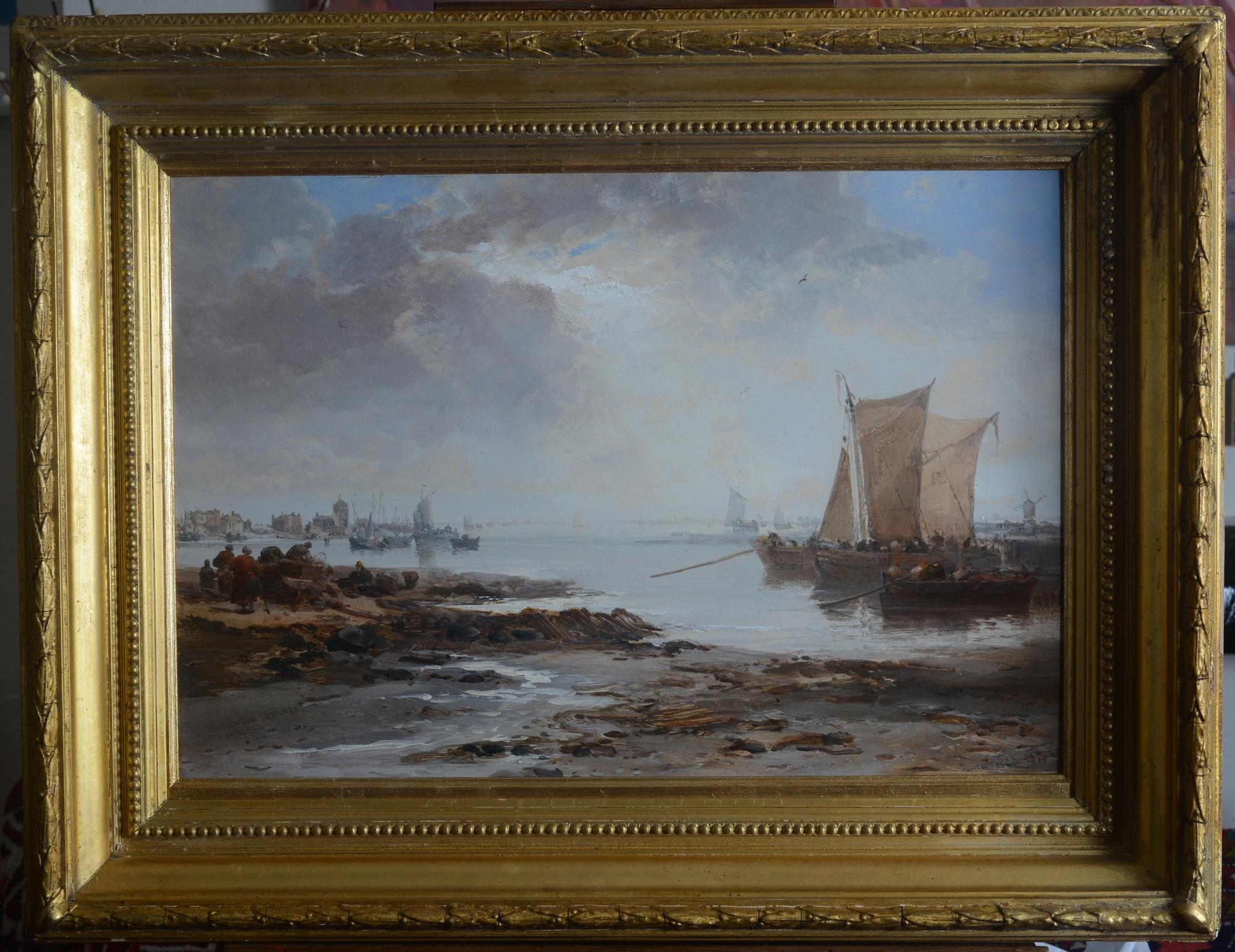 19th Century Boats and Fisherfolk at dawn off the Coast Rotterdam, oil painting - Painting by James Webb