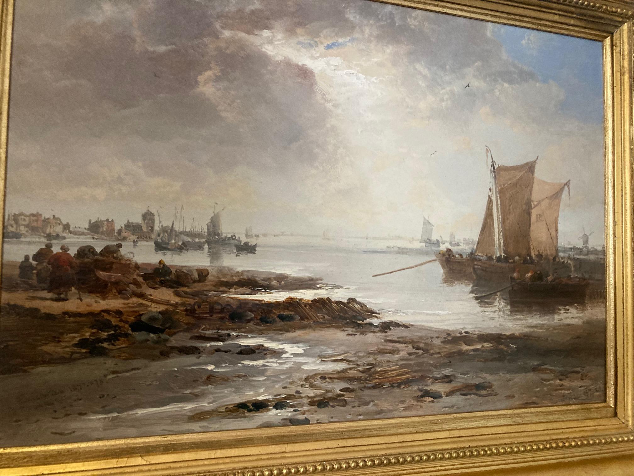 Óleo marítimo victoriano Navegación y pescadores en la costa de Rotterdam en venta 3