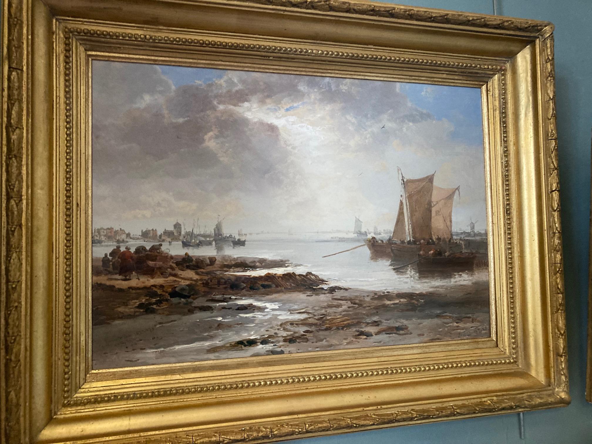19th Century Boats and Fisherfolk at dawn off the Coast Rotterdam, oil painting For Sale 1