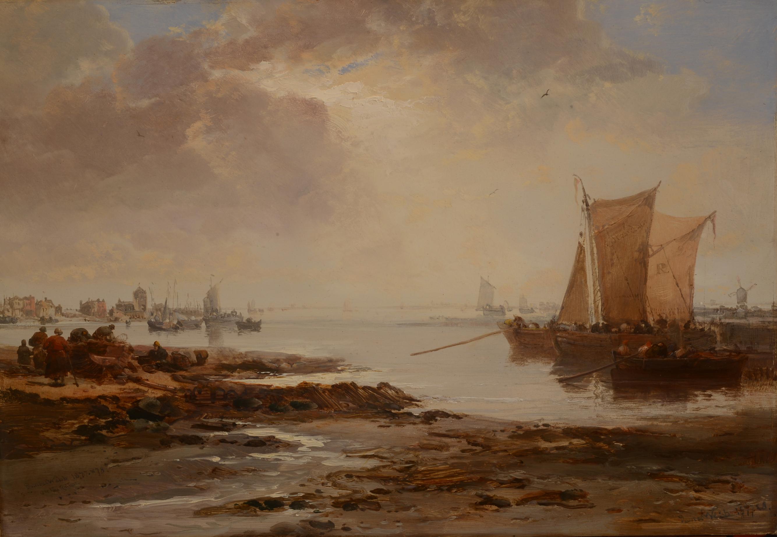 Landscape Painting de James Webb - Óleo marítimo victoriano Navegación y pescadores en la costa de Rotterdam