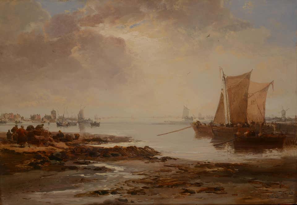 Victorian Nineteenth Century Dutch Marine Oil Painting Shipping off Rotterdam