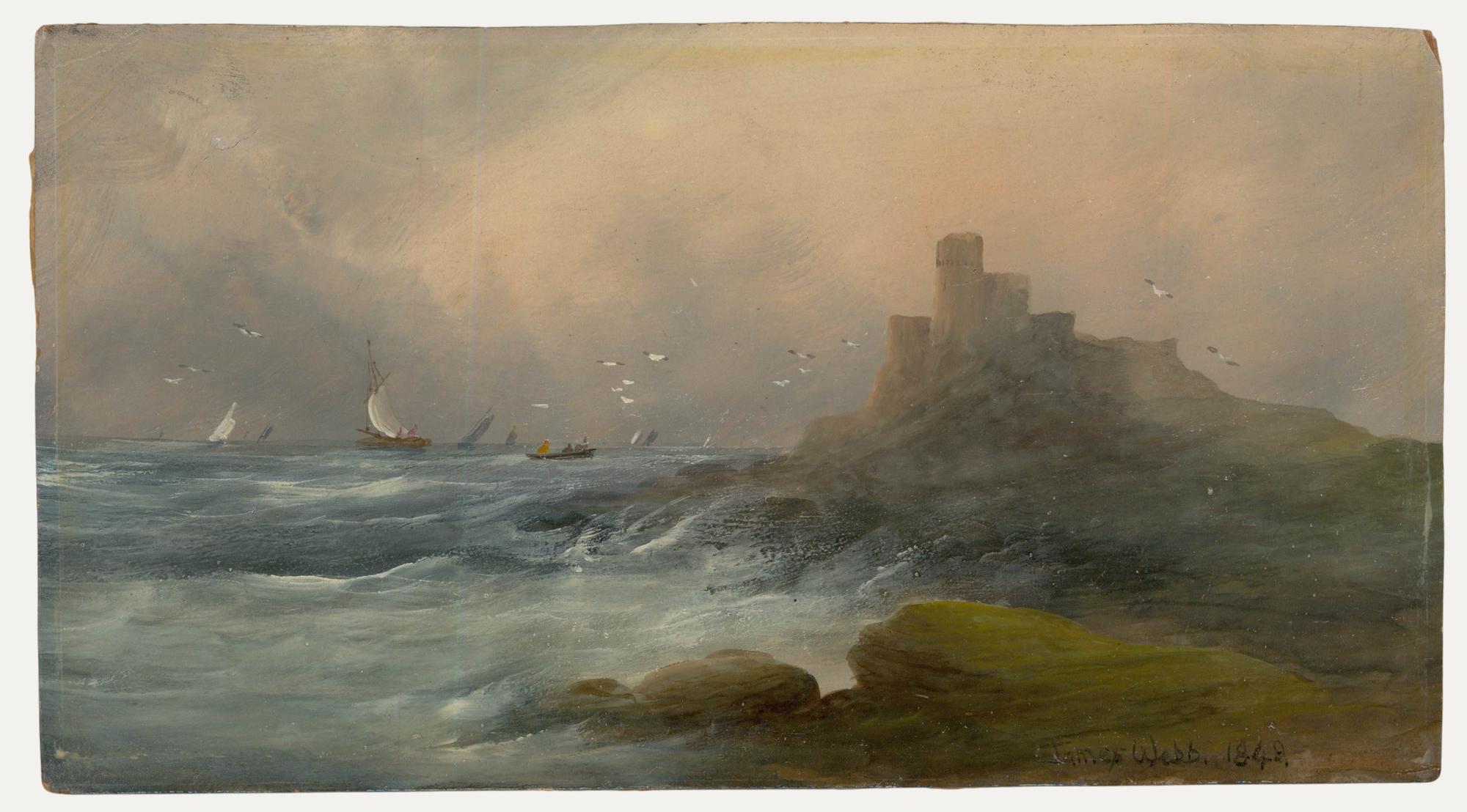 A charming oil study depicting a castle on a rugged coastline. In the distance, sailing vessels can be seen coming into shore under stormy skies. Signed and dated. On card.