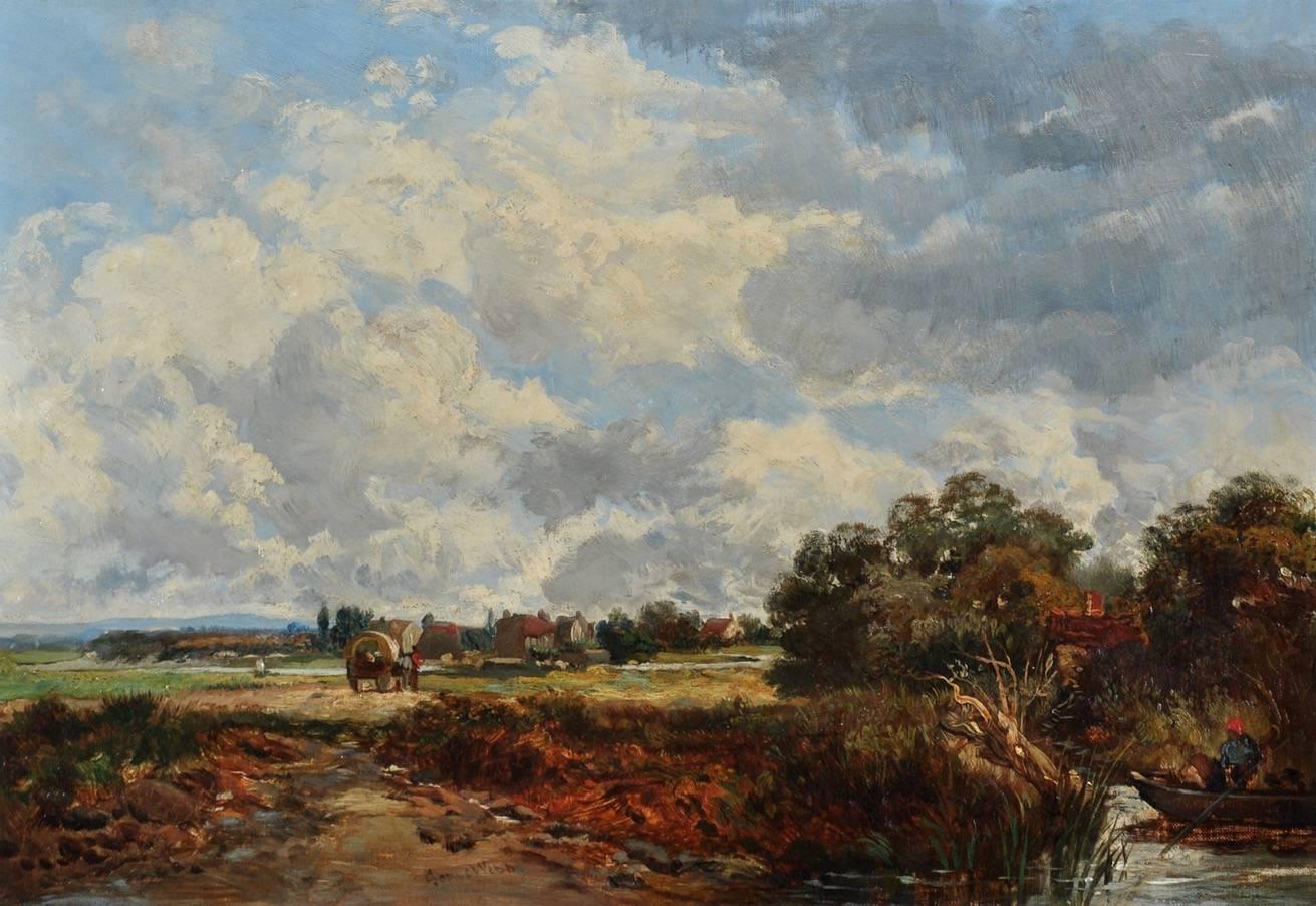 James Webb Landscape Painting - Victorian River Landscape Horse & Cart, signed oil painting