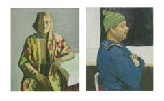 Portrait figuratif de femme assise et pêcheur au repos de la région de la baie de San Francisco (2 faces)