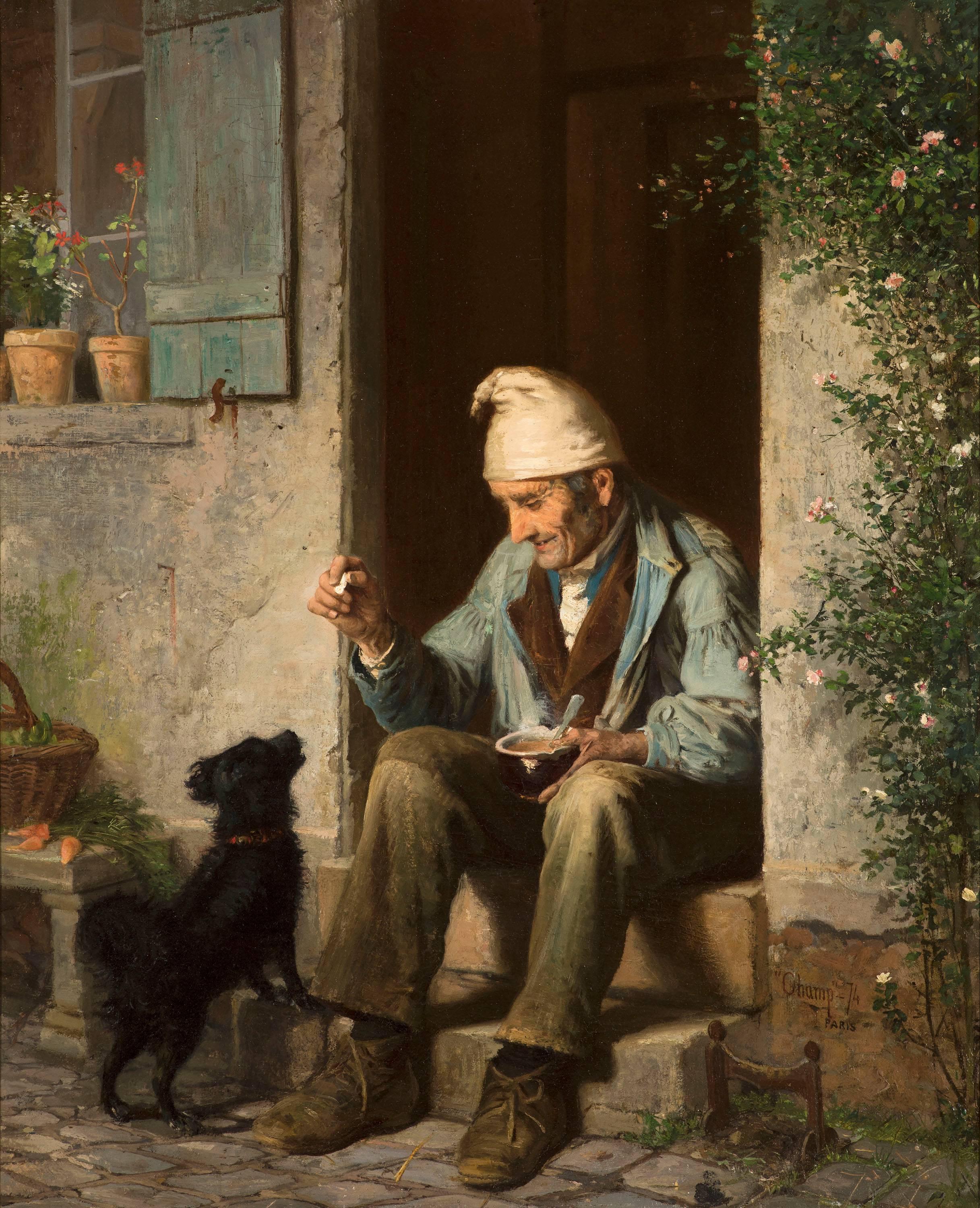 James Wells Champney Old Man Feeding A Dog For Sale At 1stdibs