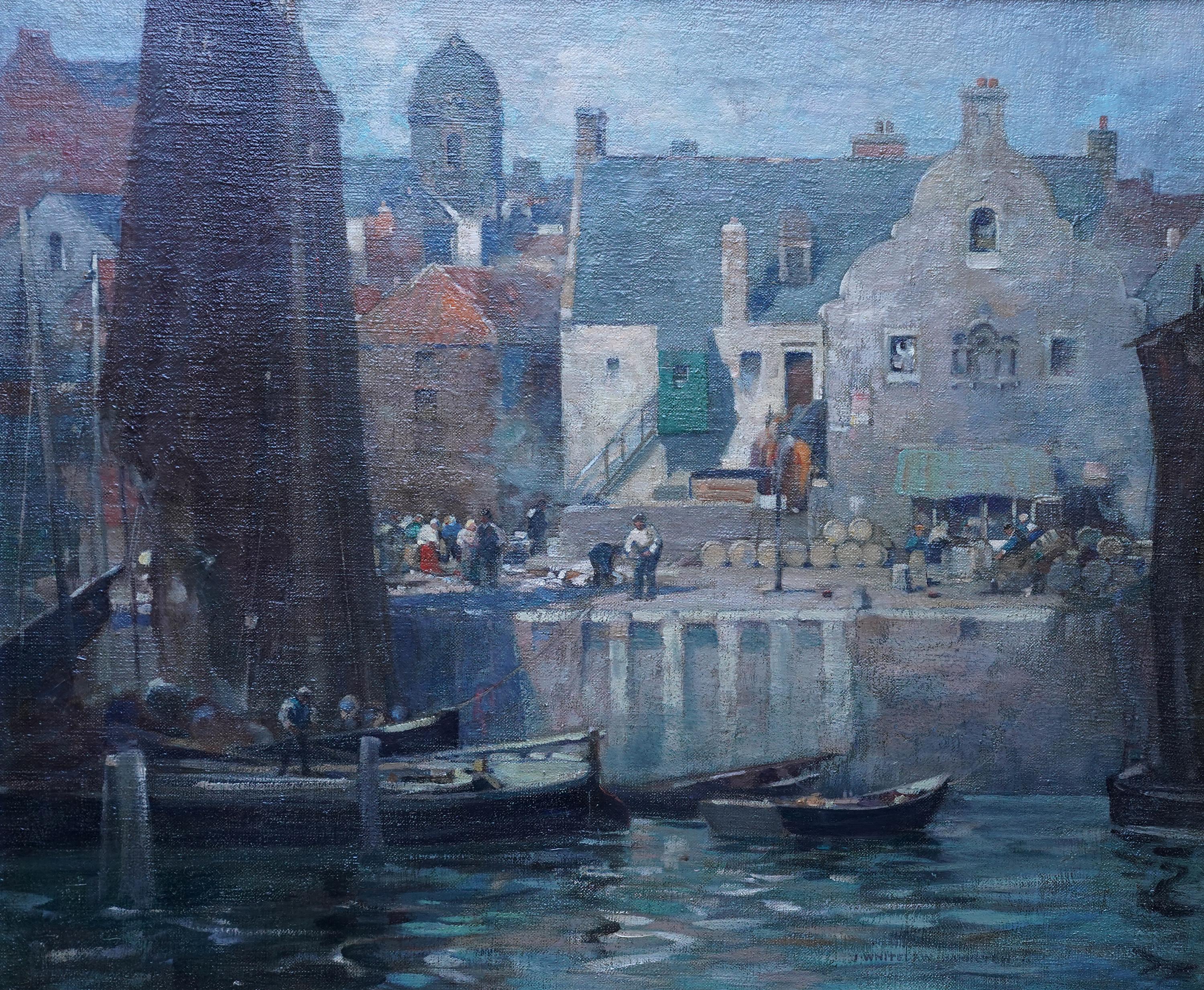 Fishing Boats at Eyemouth Harbour Scotland - Scottish Edwardian art oil painting For Sale 3