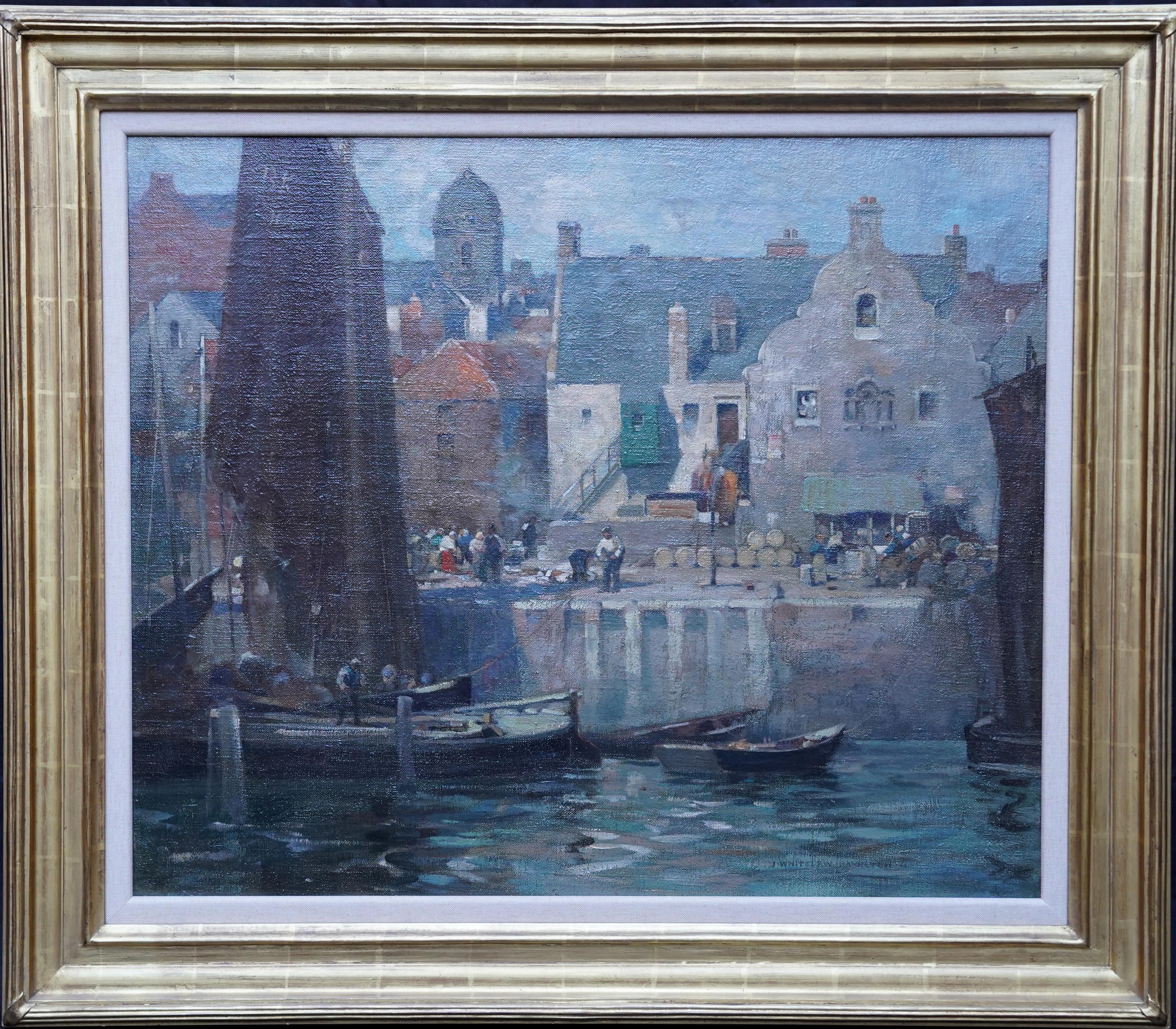 Fishing Boats at Eyemouth Harbour Scotland - Scottish Edwardian art oil painting For Sale 4