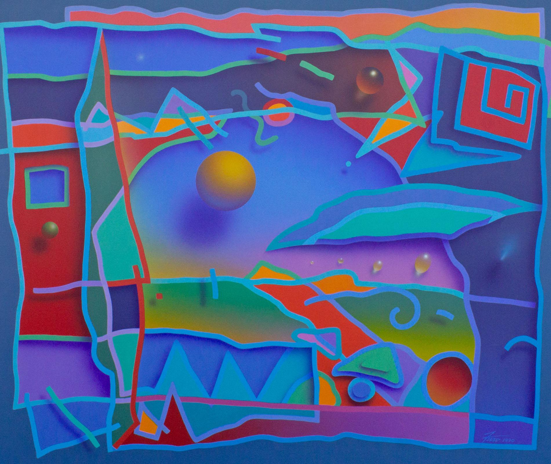 A 1990 acrylic on canvas painting by the American artist James Wille Faust (born 1949). This vibrant work depicts a layering of shapes and designs painted in such a way to create an optical illusion of floating objects and dimensionality. Signed and