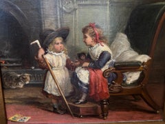 19th century English Victorian Interior of two Children playing dress up and cat