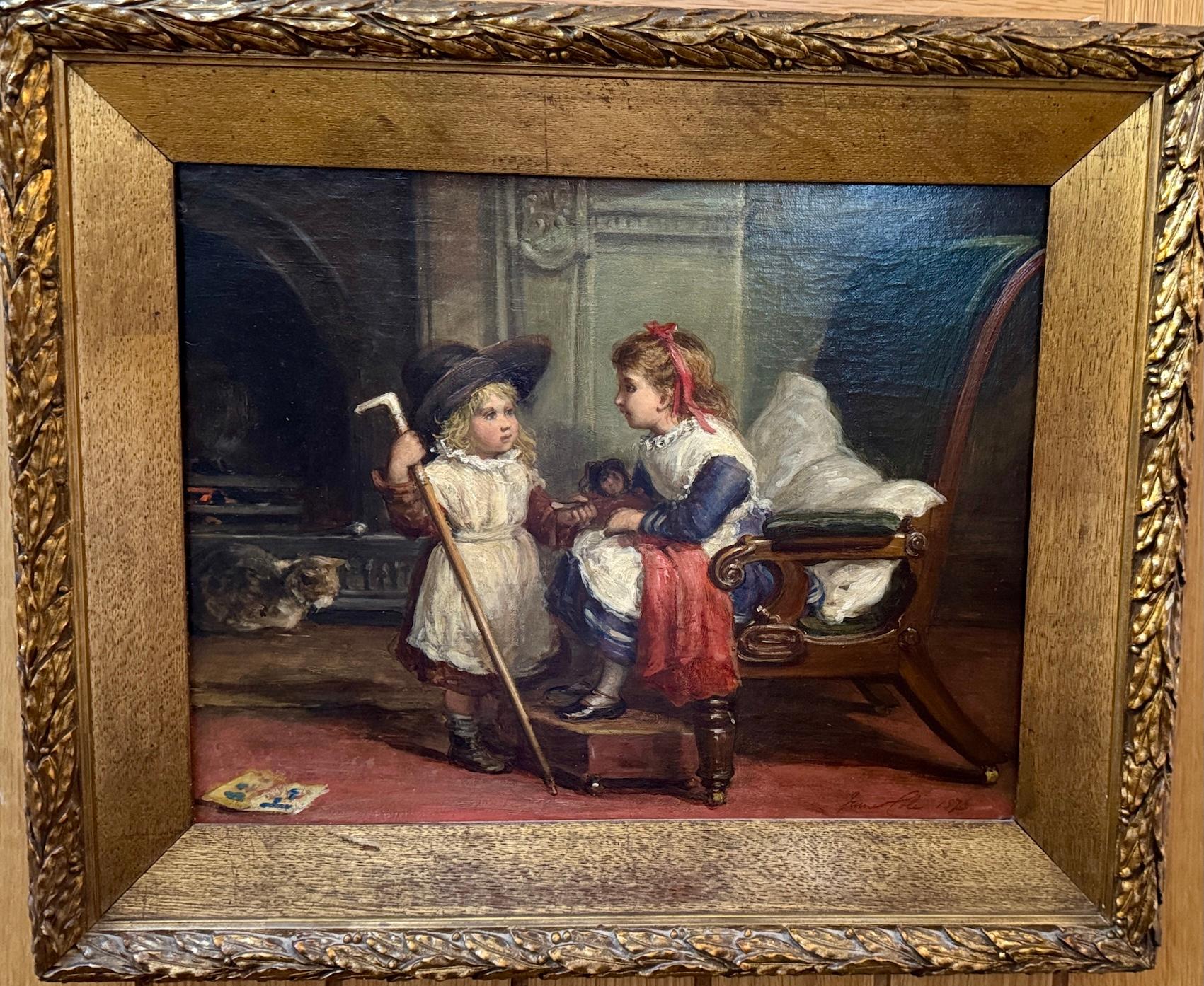 19th century English Victorian Interior of two Children playing dress up and cat
