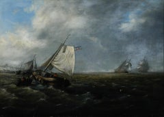 Attribué. James Wilson Carmichael (1800-1868) - Huile encadrée, Navires au large d'une côte