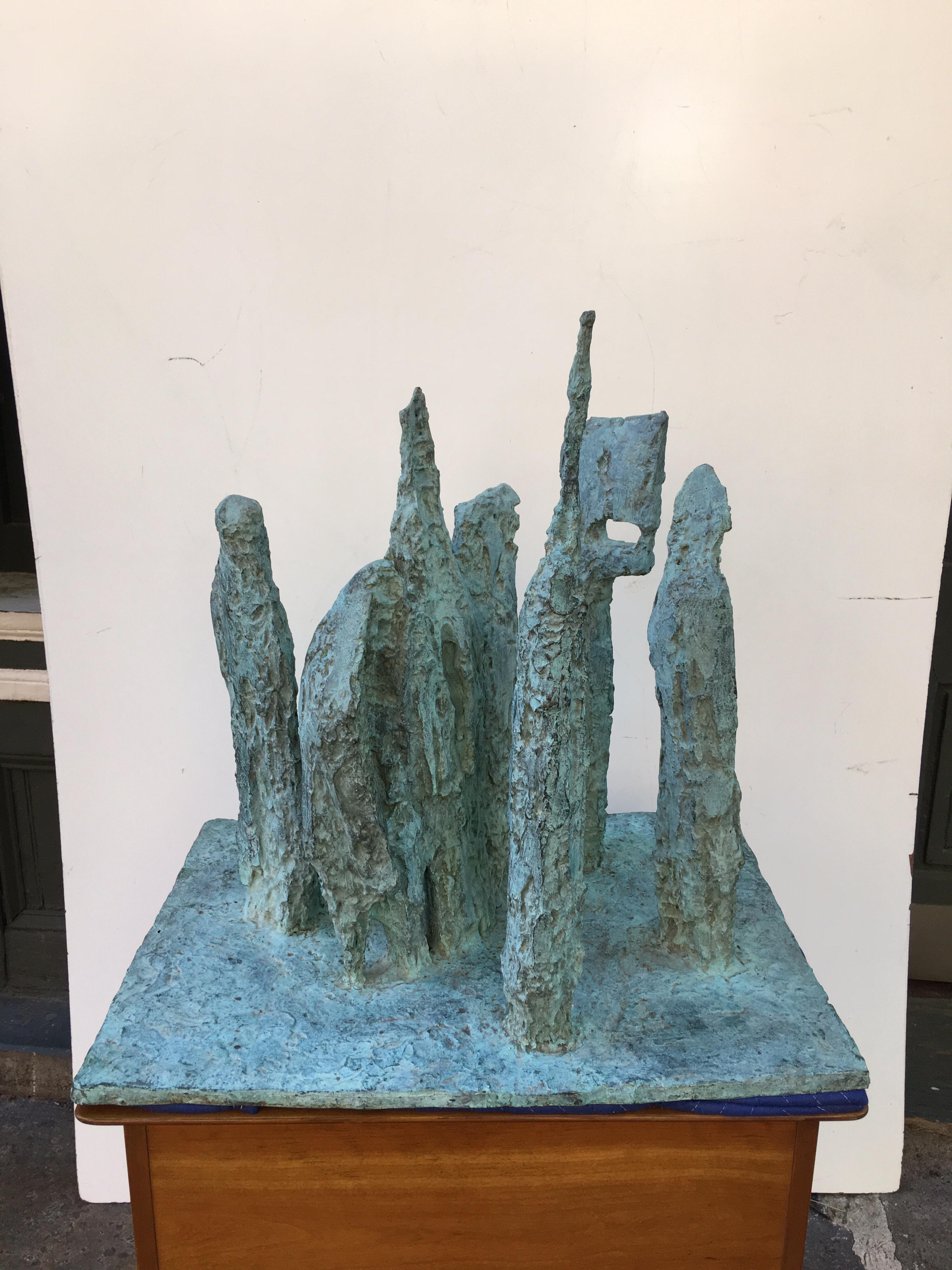 James Wines bronze sculpture, 5 monolith vaguely figurative elements make up this amazing piece! Signed and dated 1959. James Wines was a NY artist who won a Guggenheim in 1962. He exhibited with Marlborough Gallery.