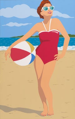 "Beach Ball" classic American bathing beauty, swimsuit, brunette, beach day, sun