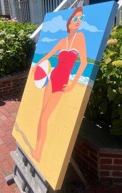 "Beach Ball" classic Americana, auburn haired beauty in a red suit on the beach