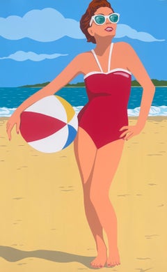 "Beach Ball" classic Americana, auburn haired beauty in a red suit on the beach