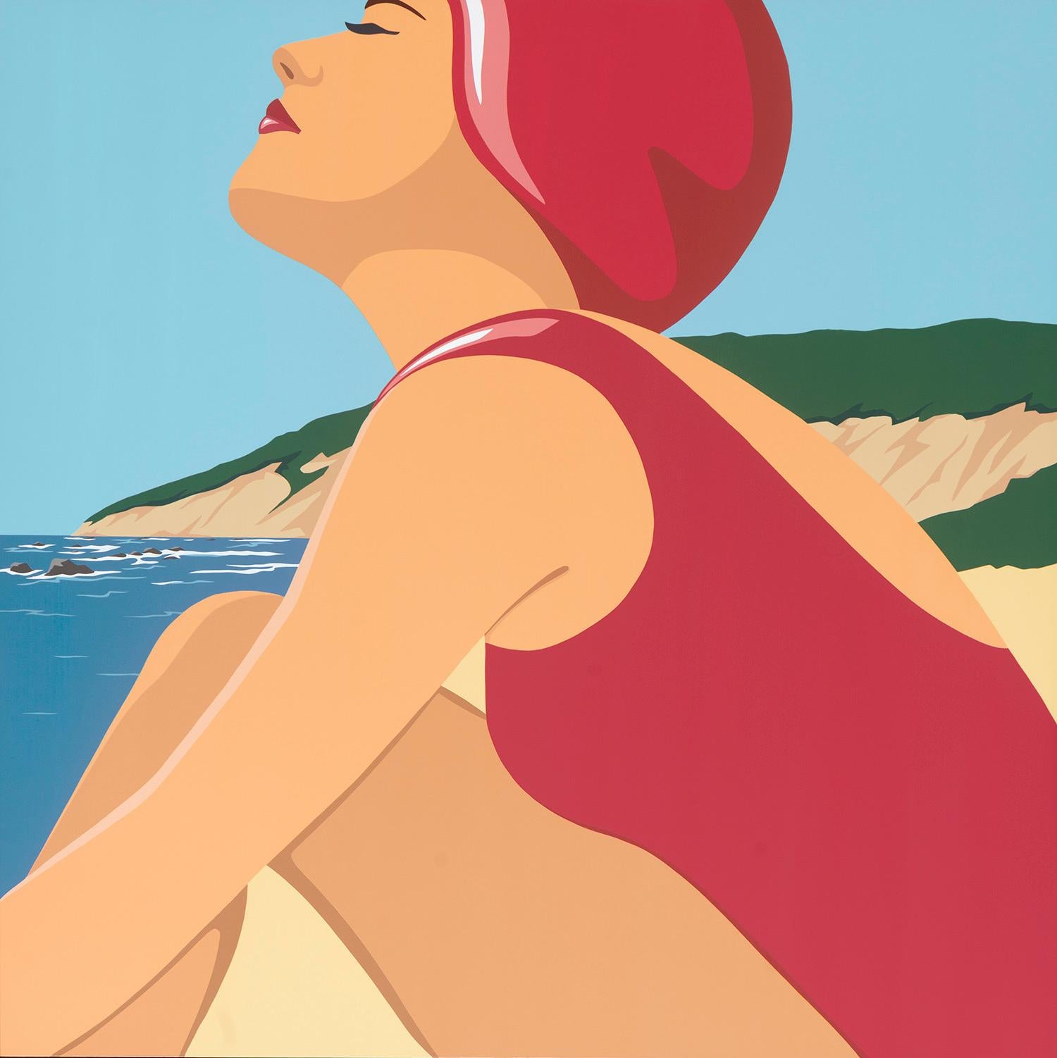 James Wolanin Portrait Painting - By the Shore, a close up side profile of a swimmer by the beach