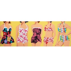 "Girls Girls Girls" pop art painting of women in colorful bathing suits