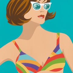 "Goddess in Blue" Portait of vintage woman with multicolored swimsuit