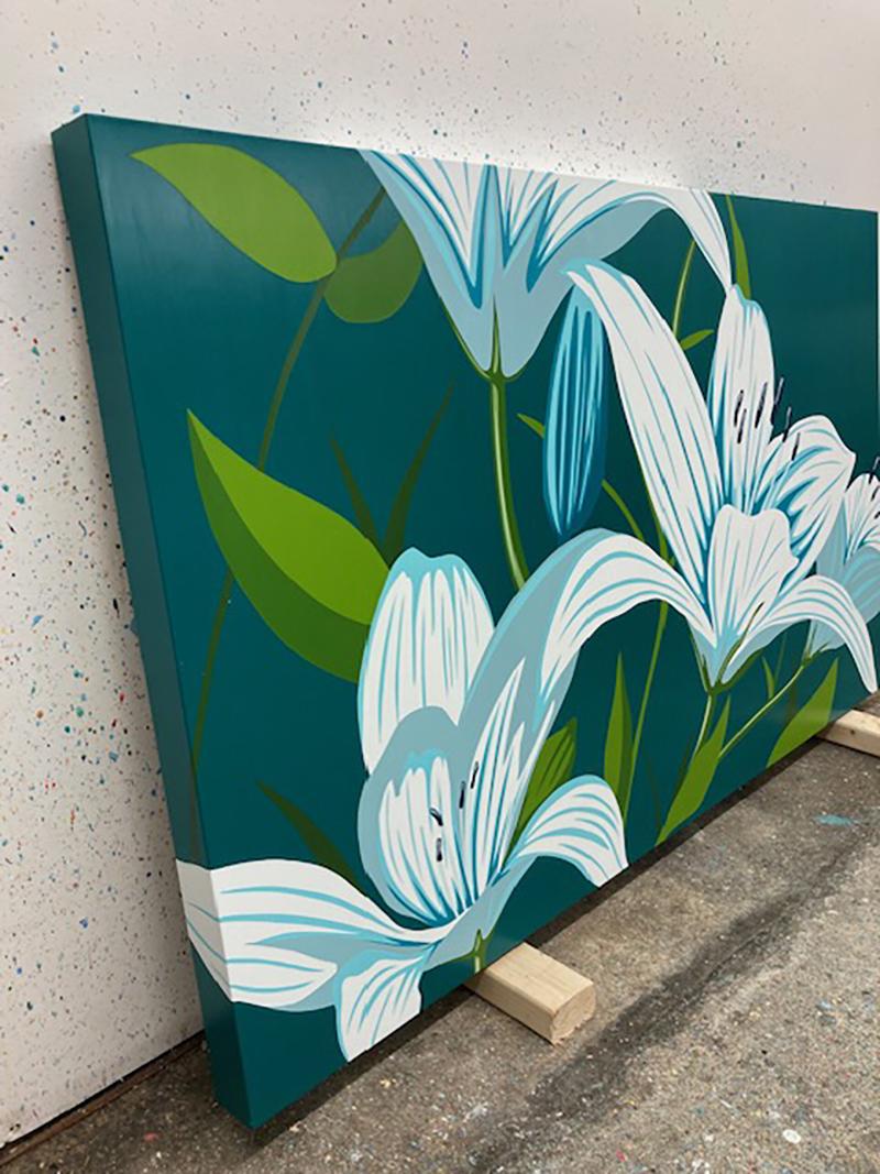 Verde Pop Art Floral Horizontal en Acrílico sobre Panel_Lirios de James Wolanin en venta 1