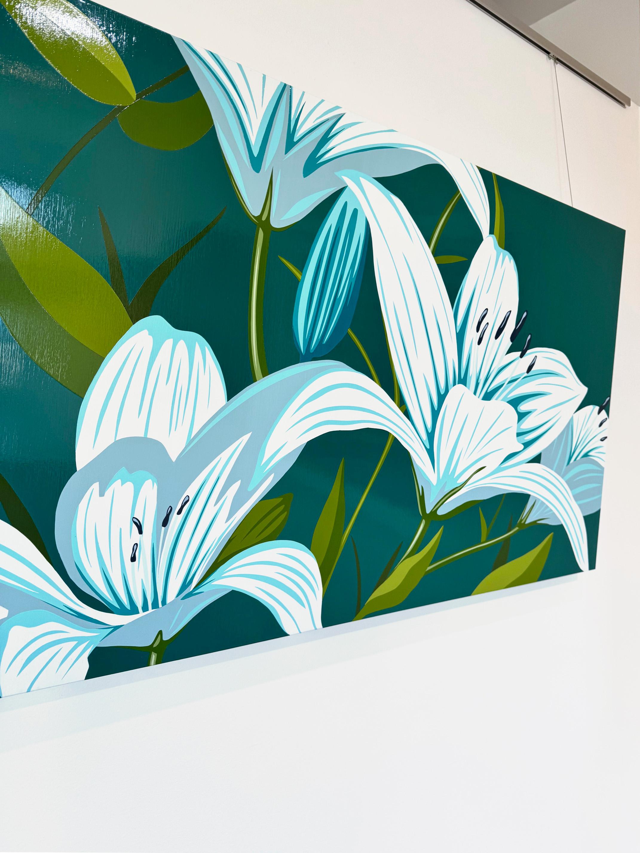 Green Pop Art Floral Horizontal in Acrylic on Panel_Lillies by James Wolanin For Sale 1