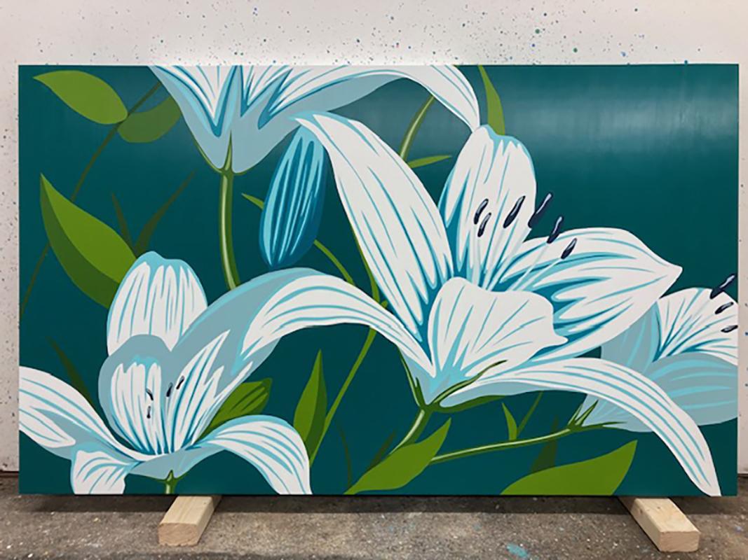 Verde Pop Art Floral Horizontal en Acrílico sobre Panel_Lirios de James Wolanin en venta 3