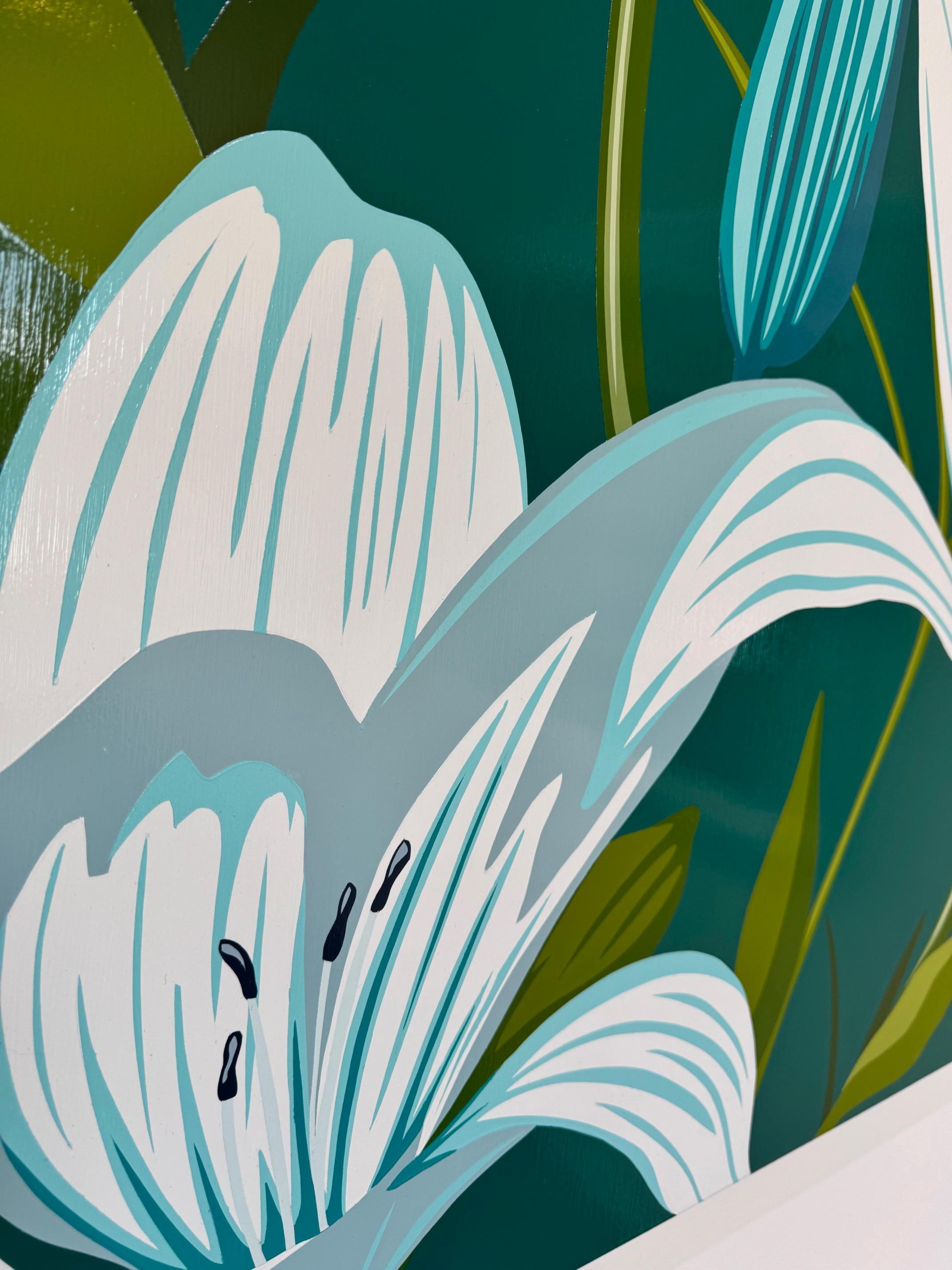 Verde Pop Art Floral Horizontal en Acrílico sobre Panel_Lirios de James Wolanin en venta 4