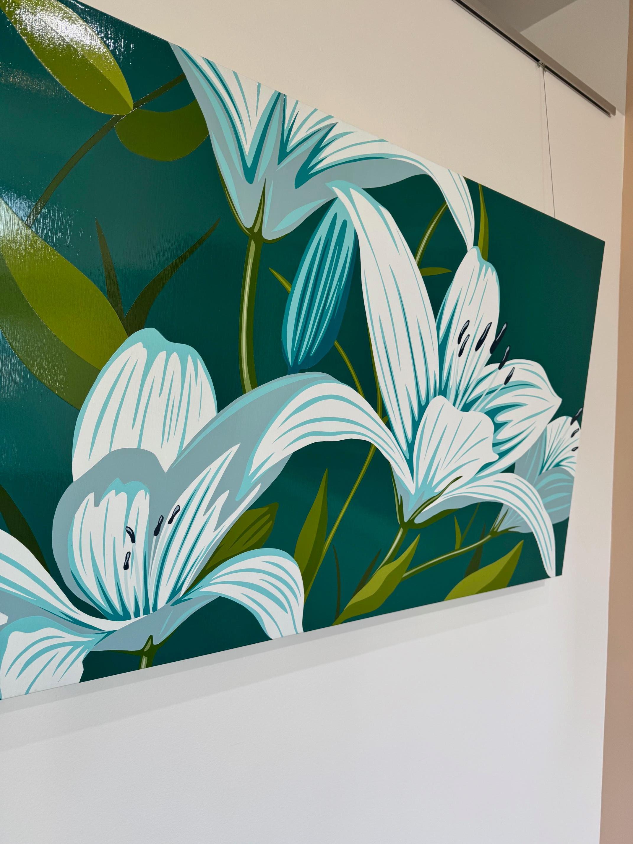 Verde Pop Art Floral Horizontal en Acrílico sobre Panel_Lirios de James Wolanin en venta 5