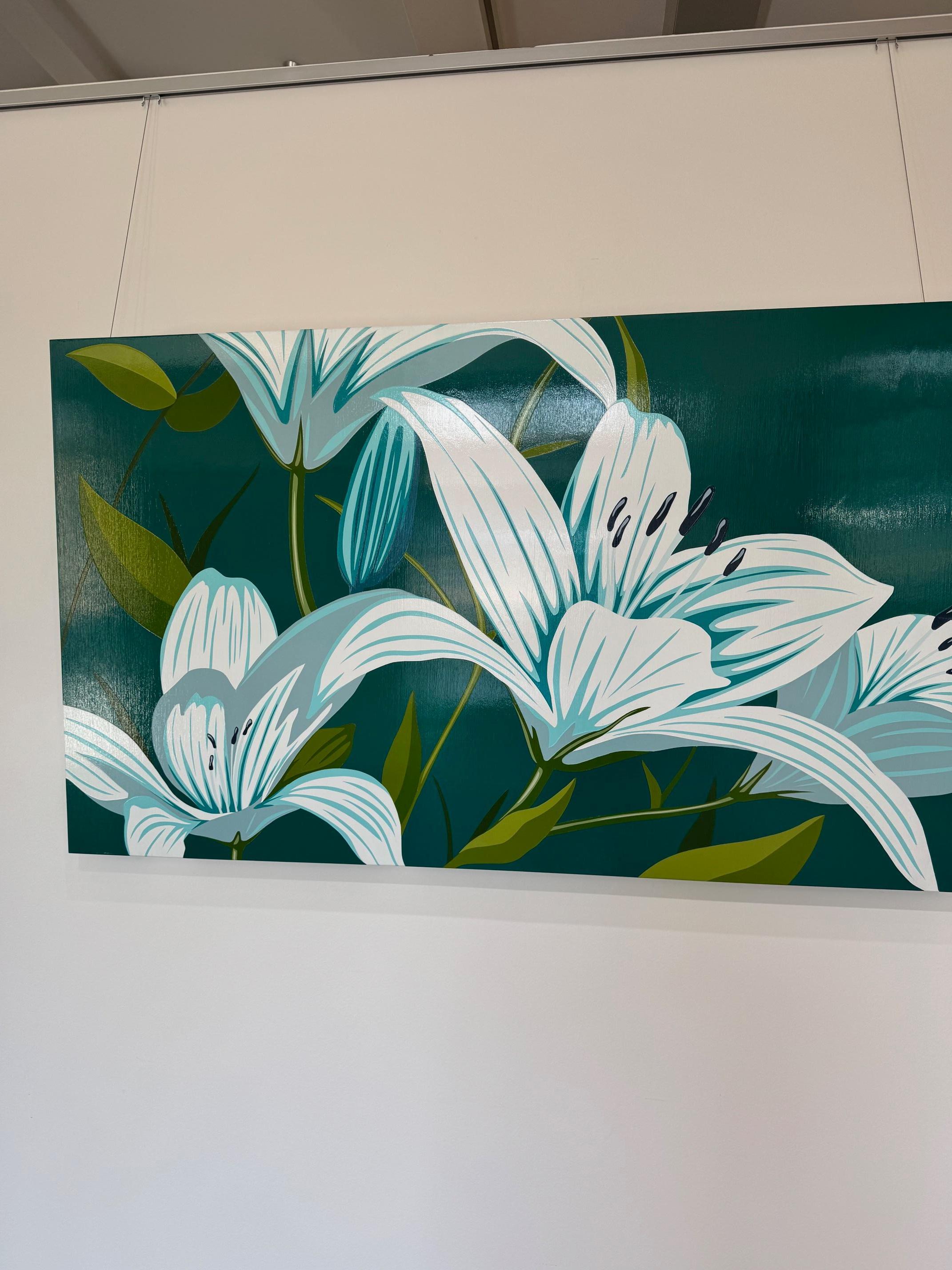 Verde Pop Art Floral Horizontal en Acrílico sobre Panel_Lirios de James Wolanin en venta 7