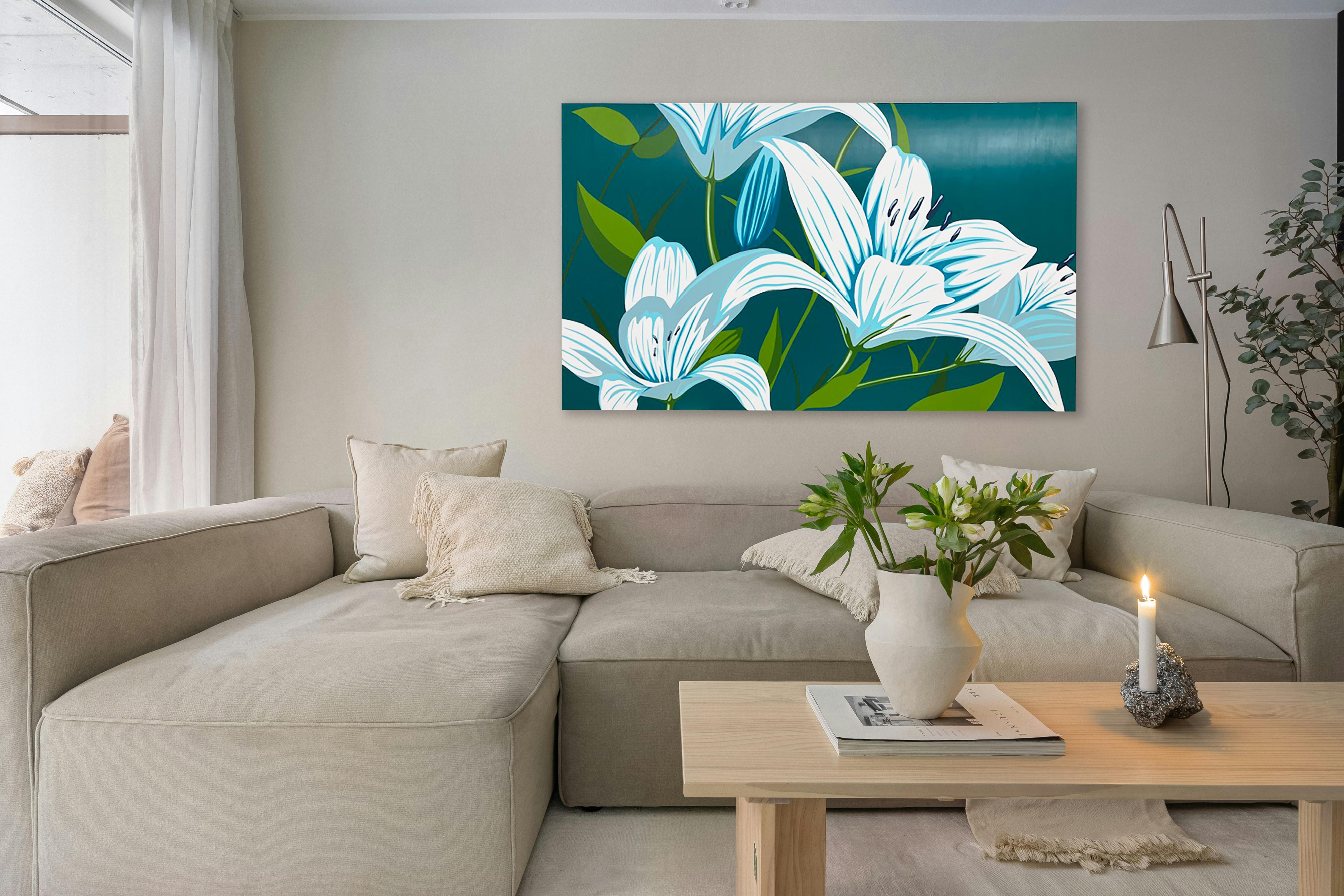 Green Pop Art Floral Horizontal in Acrylic on Panel_Lillies by James Wolanin For Sale 8