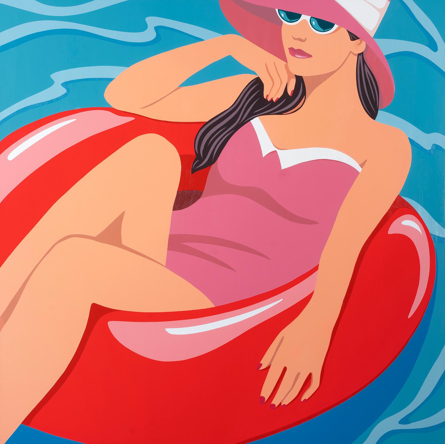 Figurative Painting di James Wolanin - "Harmony" dipinto pop art di una donna in costume da bagno rosa che si rilassa in piscina