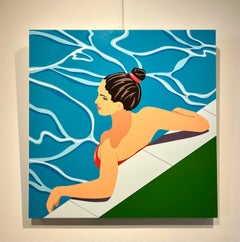 "Pool" Acrylic painting of a woman standing in a blue pool with a green lawn.