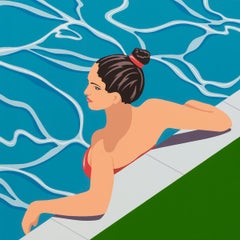 "Pool" Acrylic painting of a woman standing in a blue pool with a green lawn.