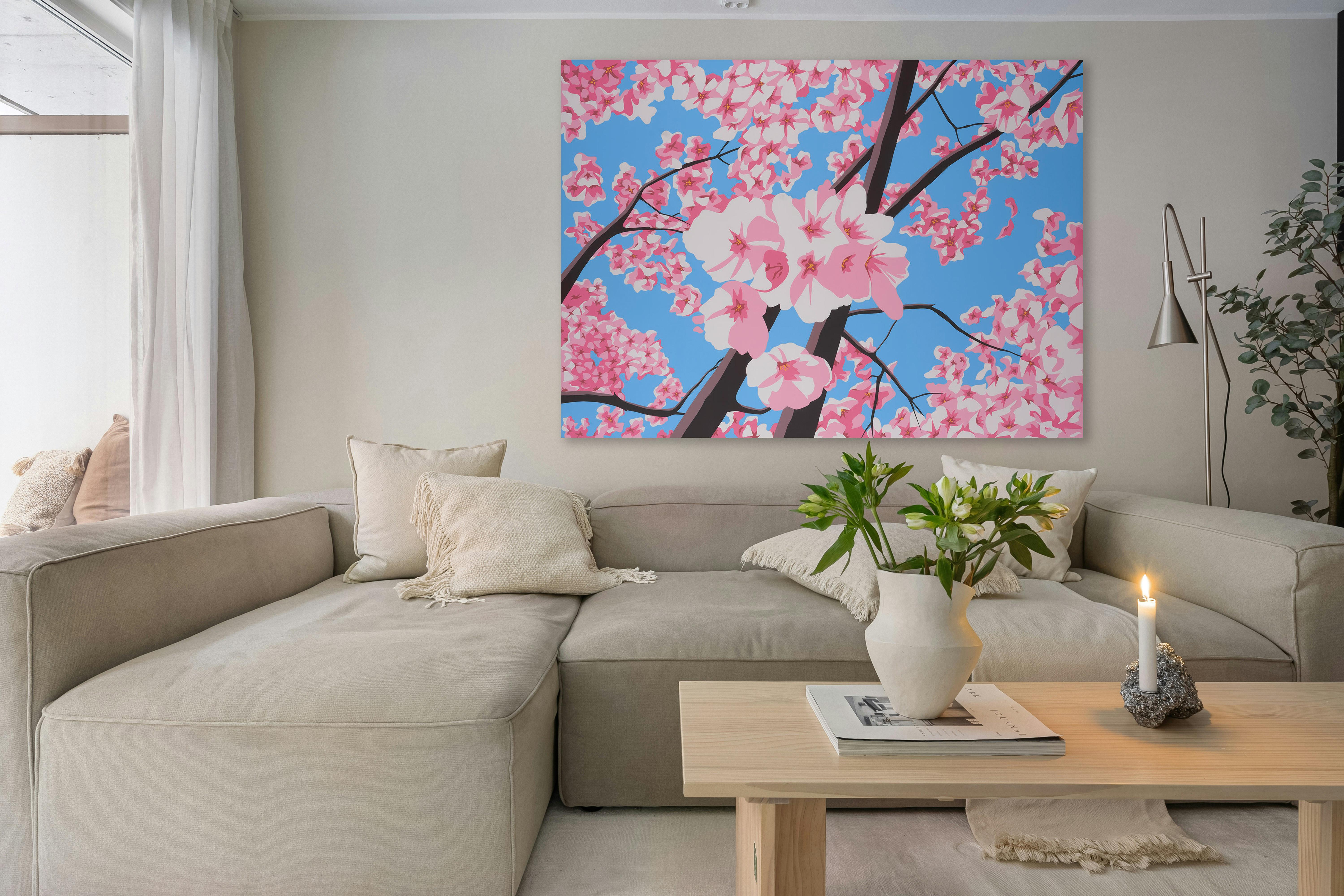 Retrato retro pop de mujer en acrílico sobre panel_Cherry Blossoms de James Wolanin en venta 7