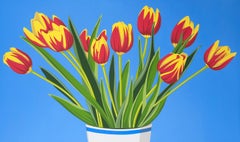 "Tulipani di primavera" dipinto pop art di tulipani rossi e gialli su sfondo blu