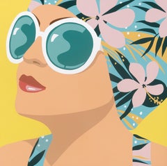 "Summer Look" Portrait of a vintage woman wearing a floral swim cap