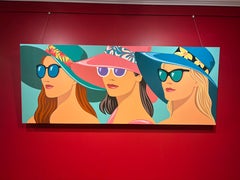 "Parata di cappelli da sole" Ritratto di tre donne che indossano occhiali da sole e si rilassano