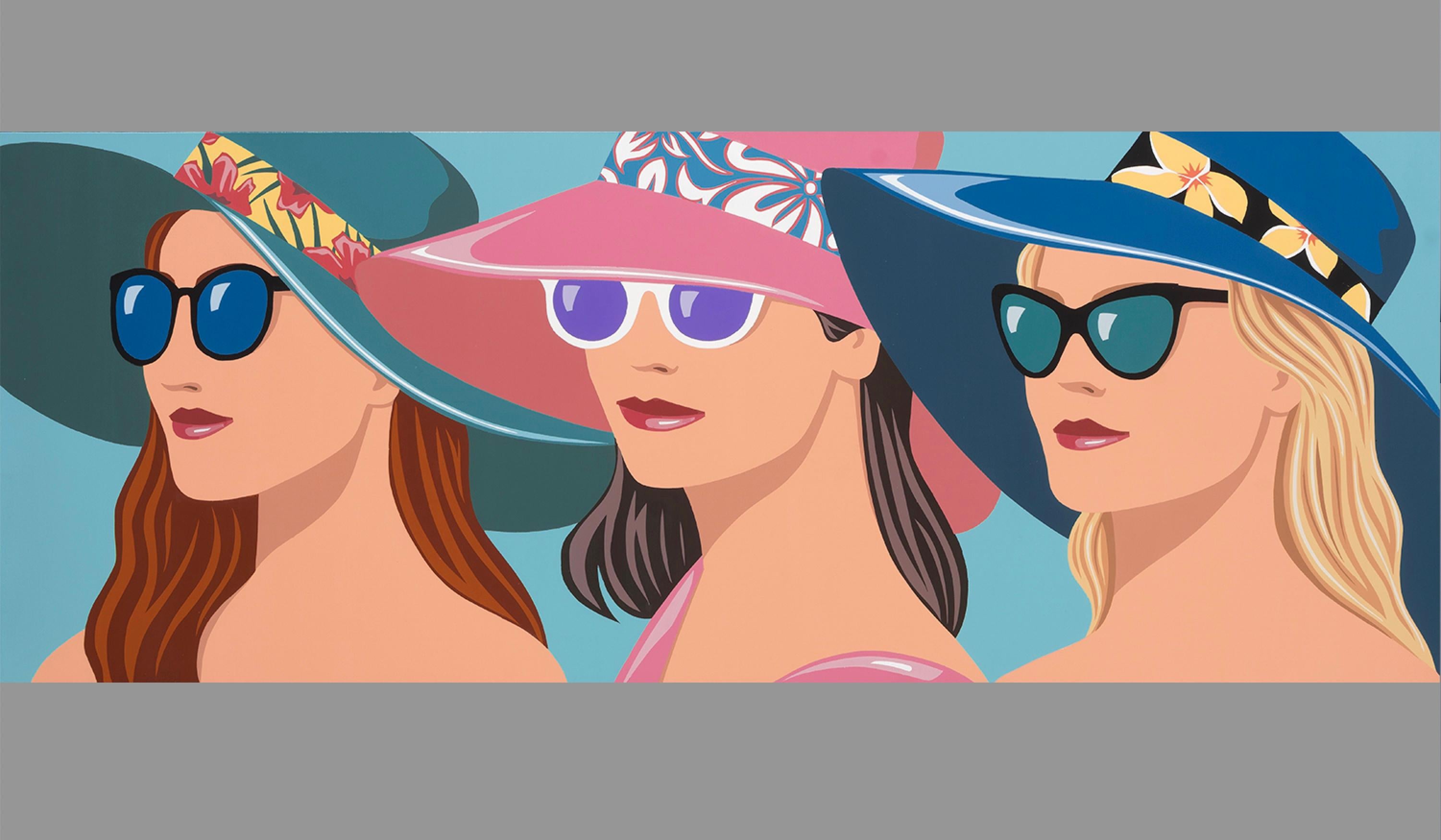 James Wolanin Figurative Painting - "Sun Hat Parade" Portrait of three women wearing sunglasses and relaxing