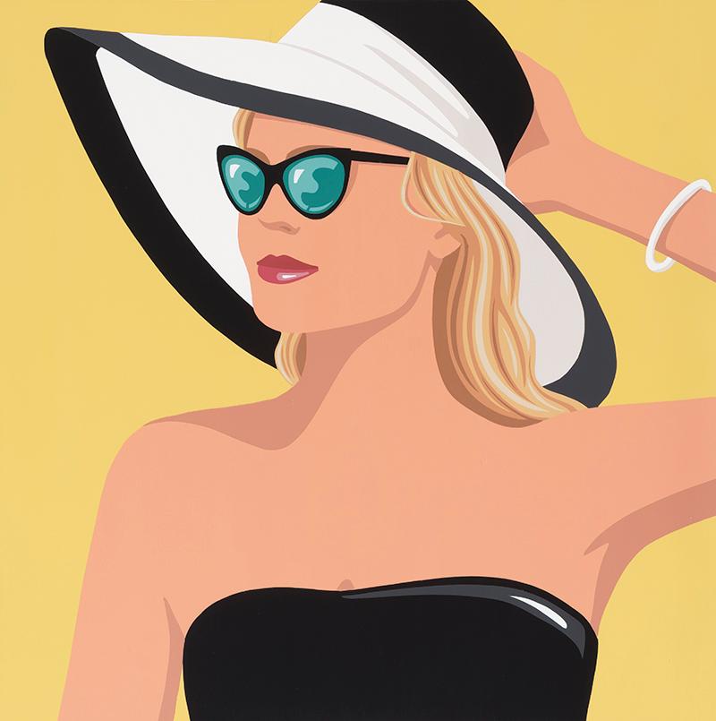 James Wolanin Portrait Painting – "Sonnenhut" Porträt einer Frau mit Sonnenbrille und großem schwarz-weißem Hut