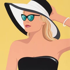"Sun Hat" Portrait of a woman with sunglasses in a big black and white hat