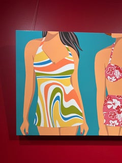 "Desfile en bañador" mujeres en bañadores estampados y coloridos de pie juntas