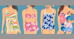 "Swimsuit Parade" woman in patterned, colorful bathing suits stand together