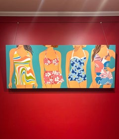 "Swimsuit Parade" : des femmes vêtues de maillots de bain à motifs et colorés se tiennent ensemble.