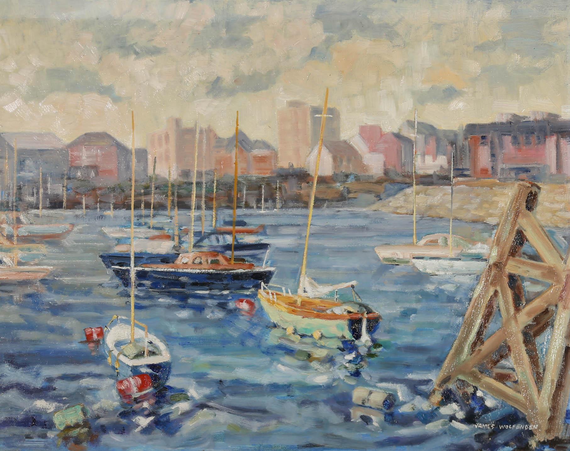 James Wolfenden – signiertes Ölgemälde des 20. Jahrhunderts, verlassene Gebäude, Cardiff Bay im Angebot 1