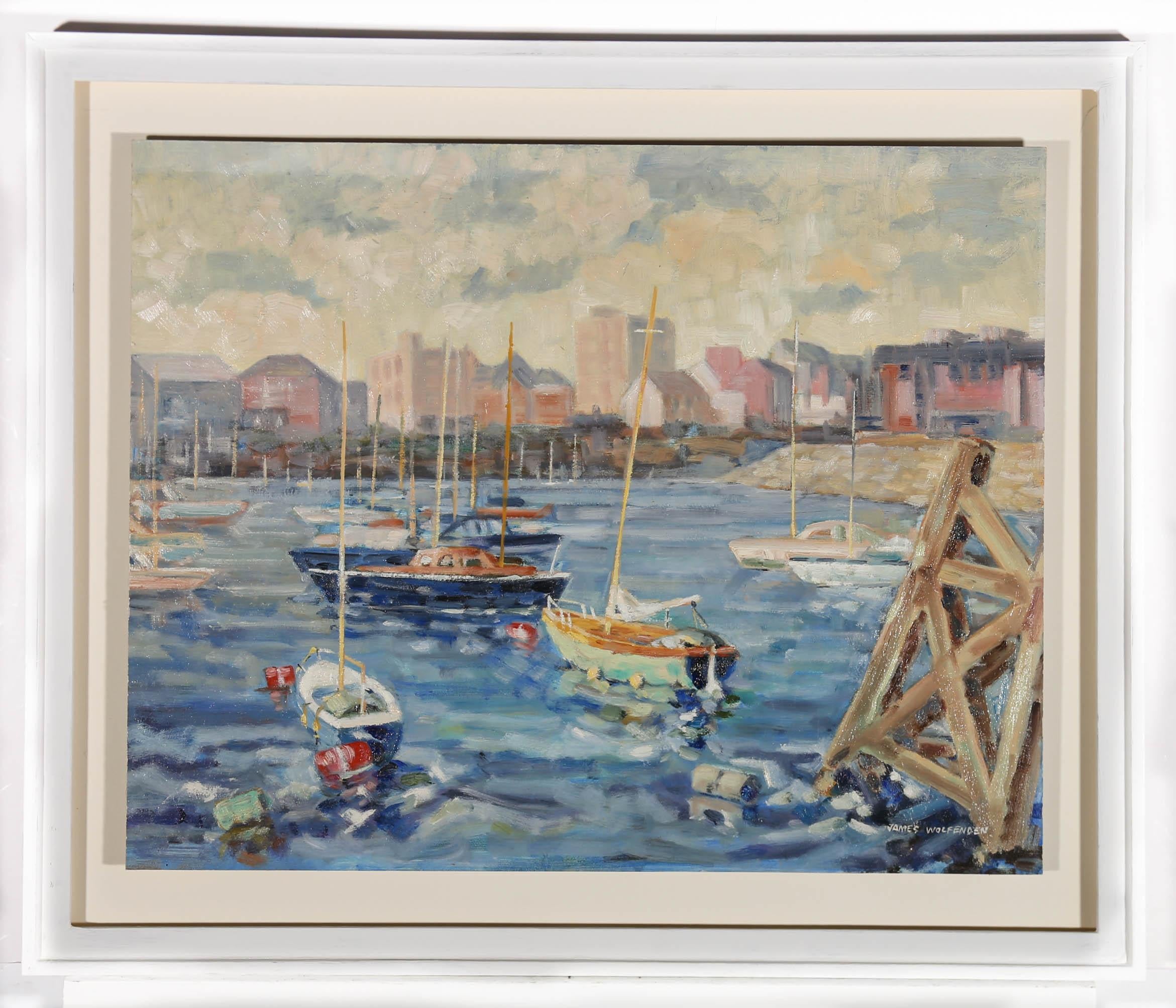 A delightful oil study of Cardiff Bay in the early morning where we see the boats moored ready to set sail. Signed to the lower right and inscribed with the title to the reverse. The work has been well presented in a white frame. On board.
