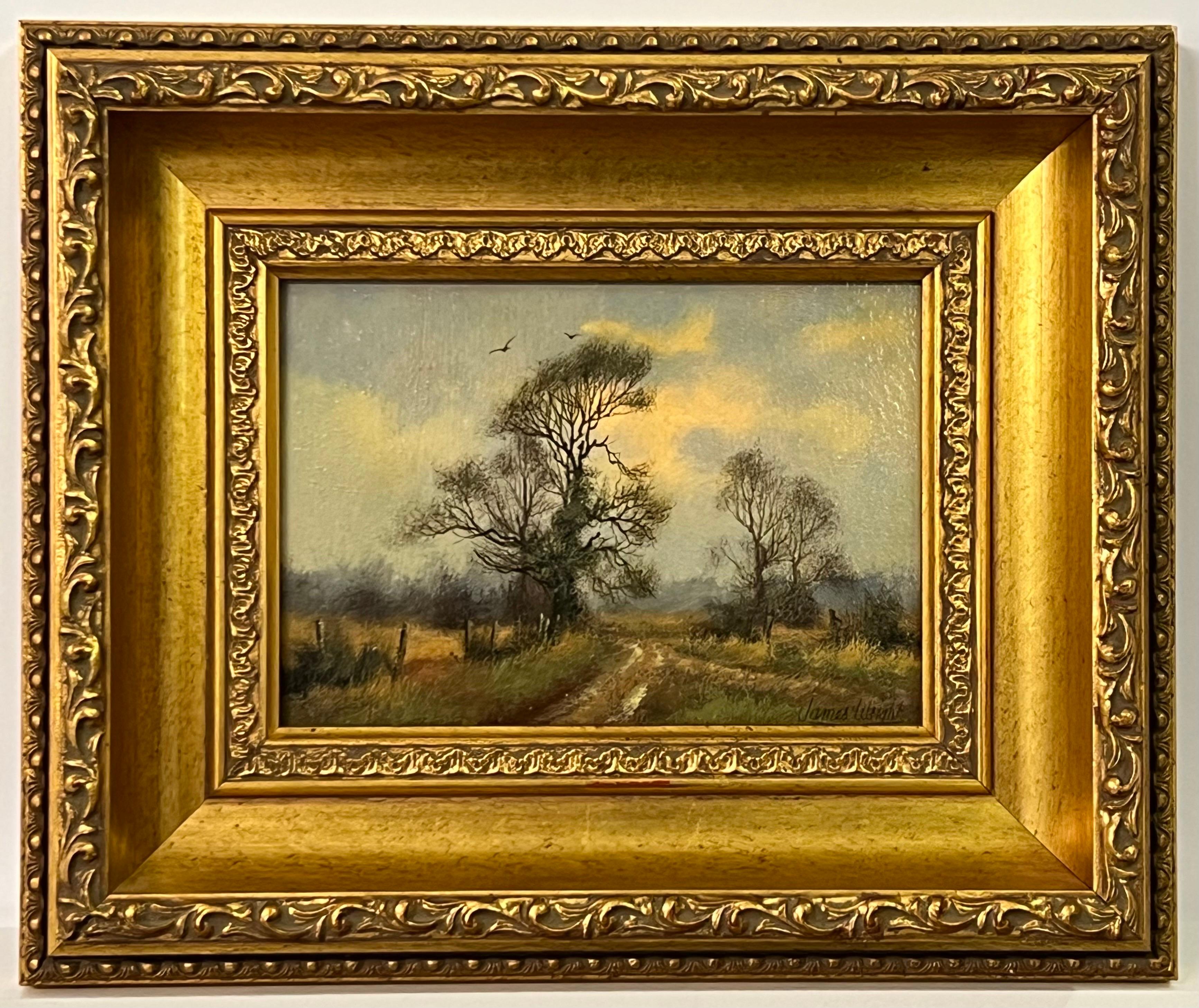 Chemin de campagne avec arbres et oiseaux dans la campagne anglaise par un artiste du 20e siècle - Romantique Painting par James Wright