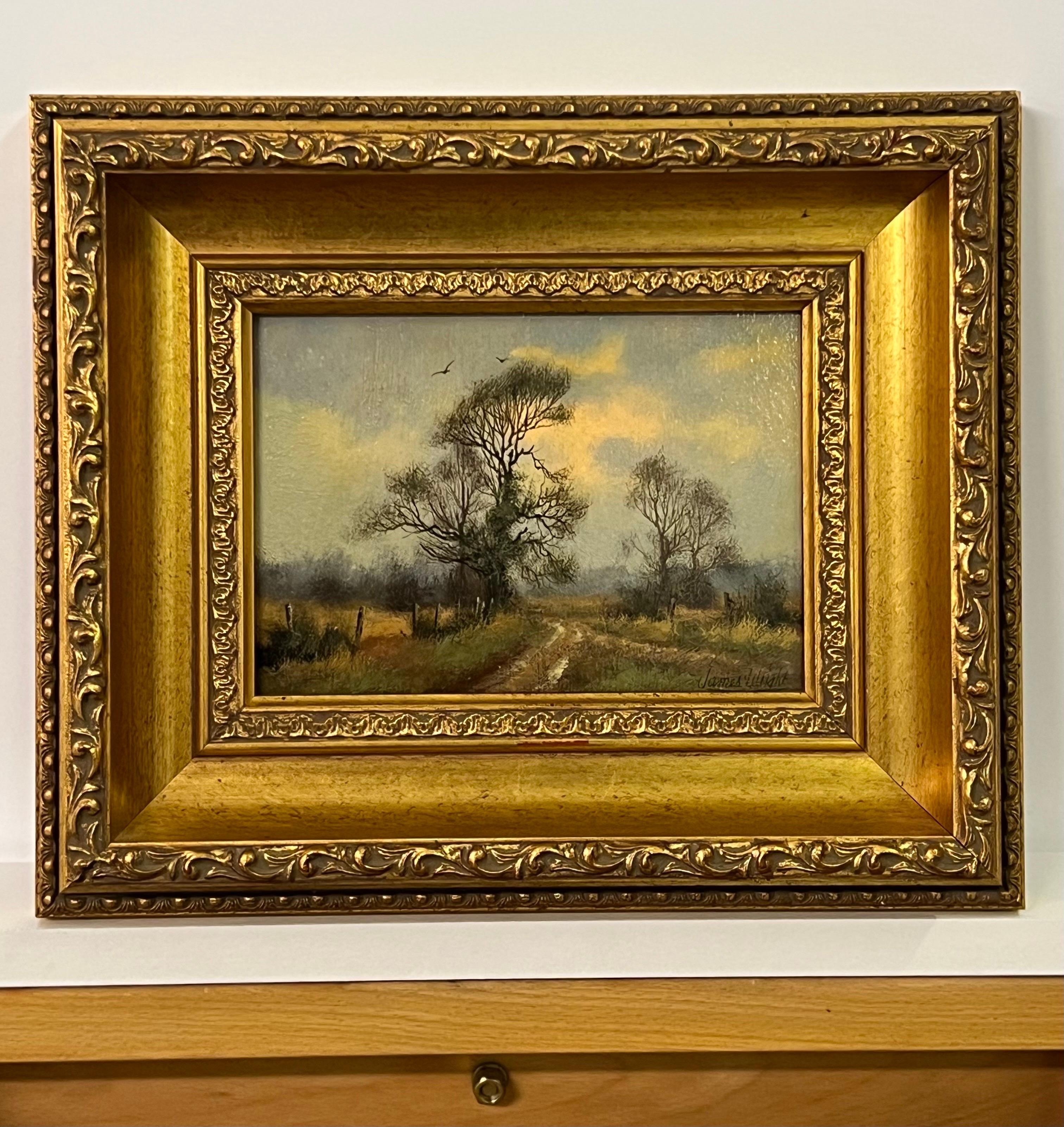 Chemin de campagne avec arbres et oiseaux dans la campagne anglaise par un artiste du 20e siècle en vente 1